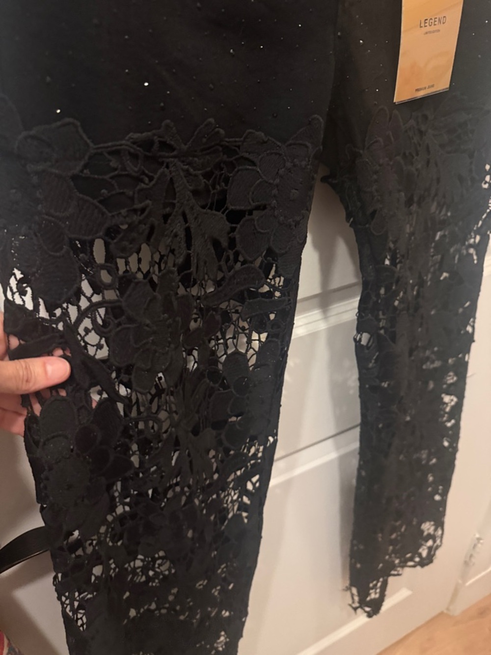Black Lace Panel Jeans for Women - Picture 4 of 17